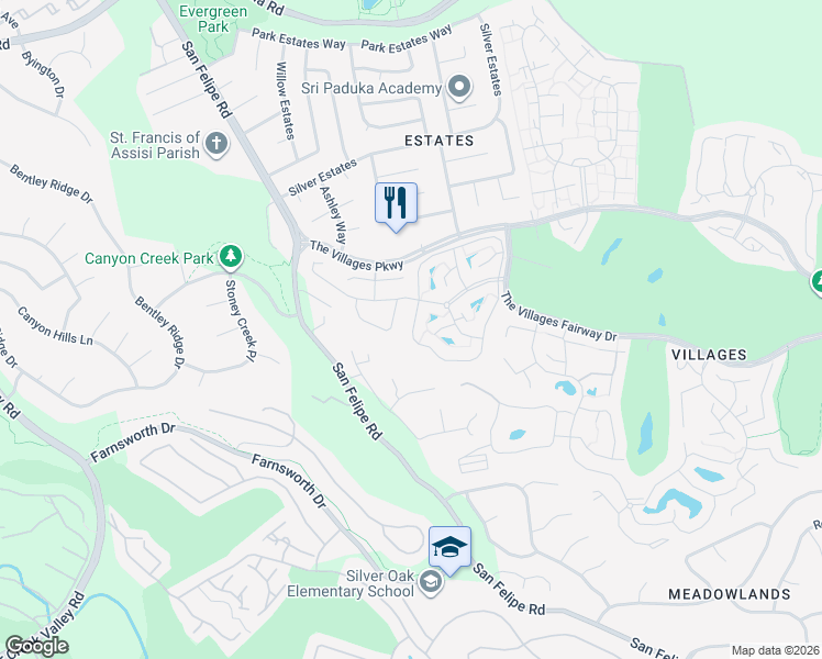 map of restaurants, bars, coffee shops, grocery stores, and more near 3319 Lake Albano Circle in San Jose