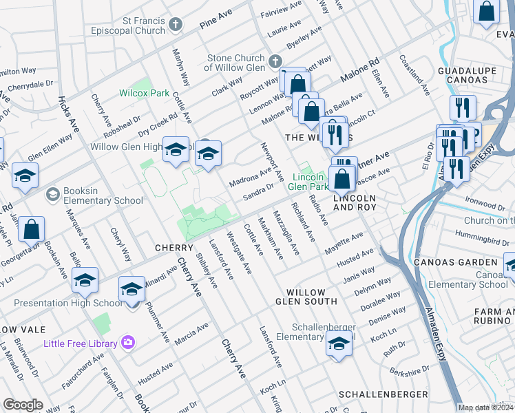 map of restaurants, bars, coffee shops, grocery stores, and more near 1261 Curtner Avenue in San Jose