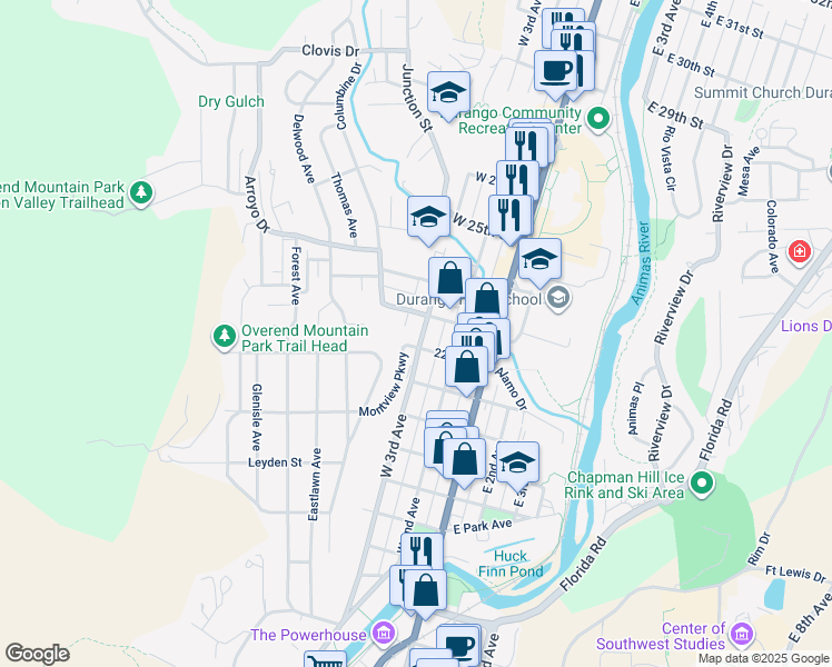 map of restaurants, bars, coffee shops, grocery stores, and more near 2263-2275 West 3rd Avenue in Durango