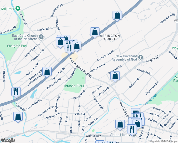 map of restaurants, bars, coffee shops, grocery stores, and more near 901-919 Gus W Nicks Boulevard Northeast in Roanoke