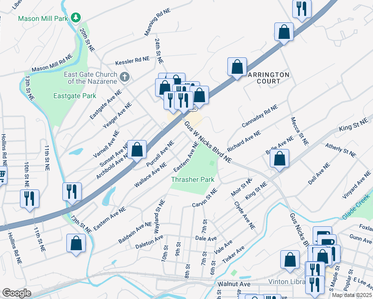 map of restaurants, bars, coffee shops, grocery stores, and more near 2023 Wallace Avenue Northeast in Roanoke