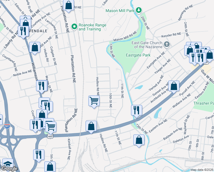 map of restaurants, bars, coffee shops, grocery stores, and more near 1002A 10th Street Northeast in Roanoke