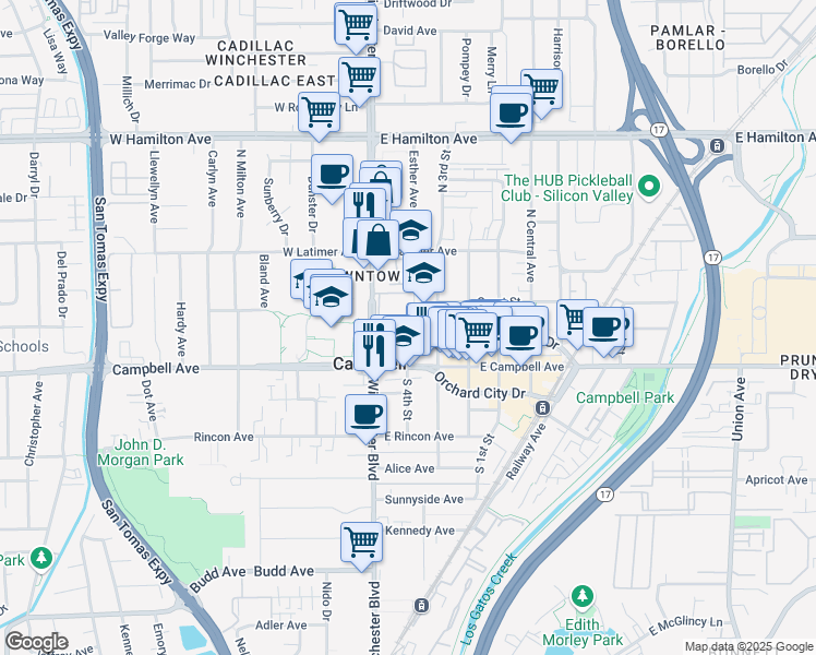 map of restaurants, bars, coffee shops, grocery stores, and more near 13 Heritage Village Lane in Campbell