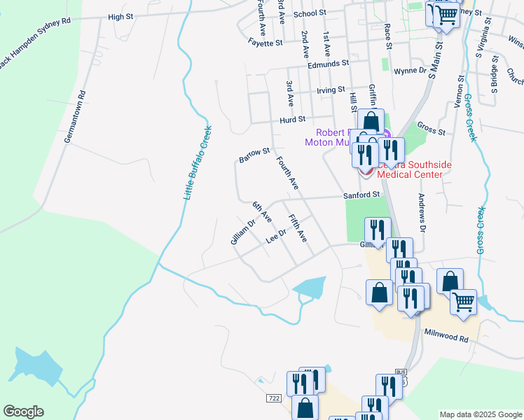 map of restaurants, bars, coffee shops, grocery stores, and more near 1703 Gilliam Drive in Farmville