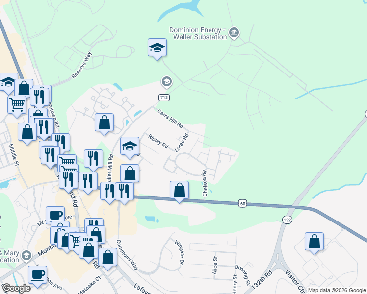 map of restaurants, bars, coffee shops, grocery stores, and more near 211 Lorac Road in Williamsburg