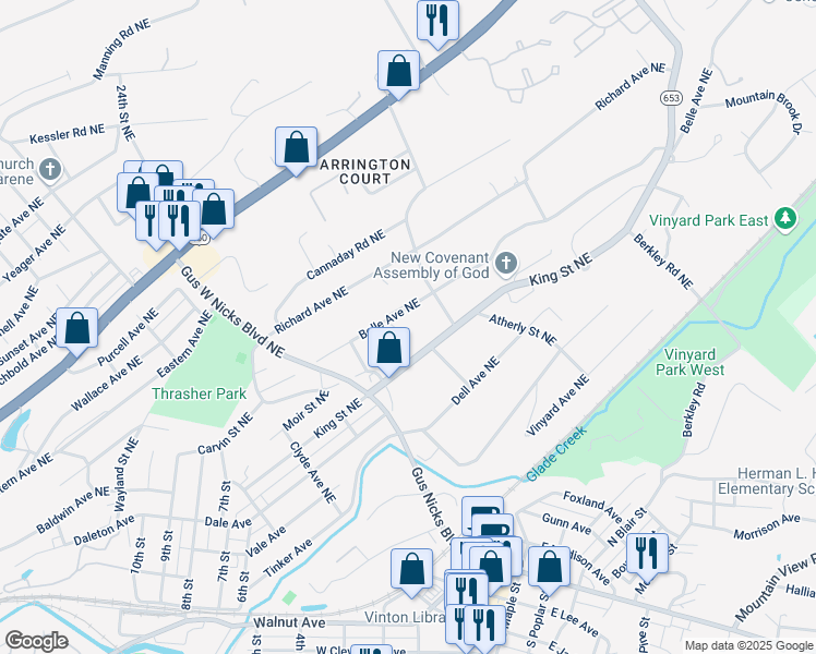 map of restaurants, bars, coffee shops, grocery stores, and more near 2619 Belle Avenue Northeast in Roanoke