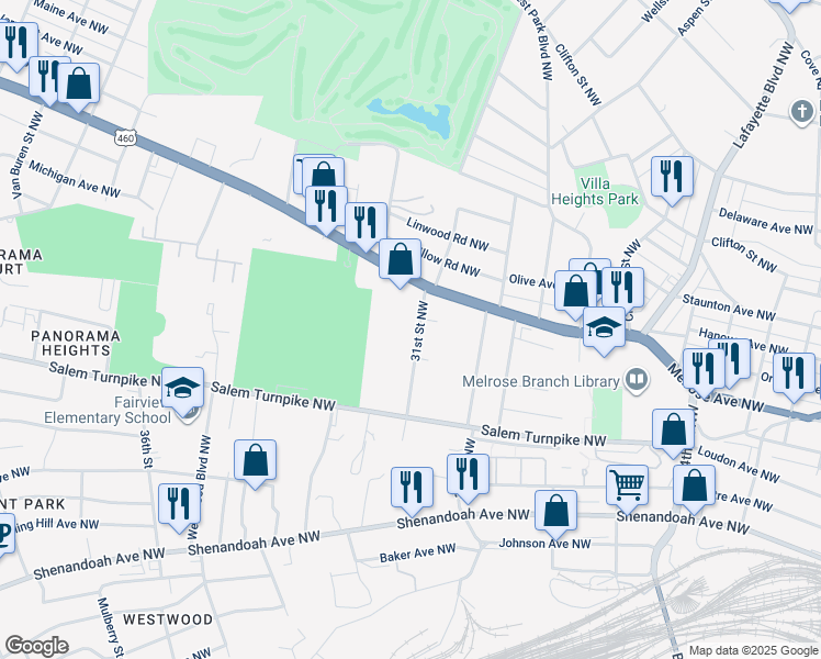 map of restaurants, bars, coffee shops, grocery stores, and more near 824 31st Street Northwest in Roanoke