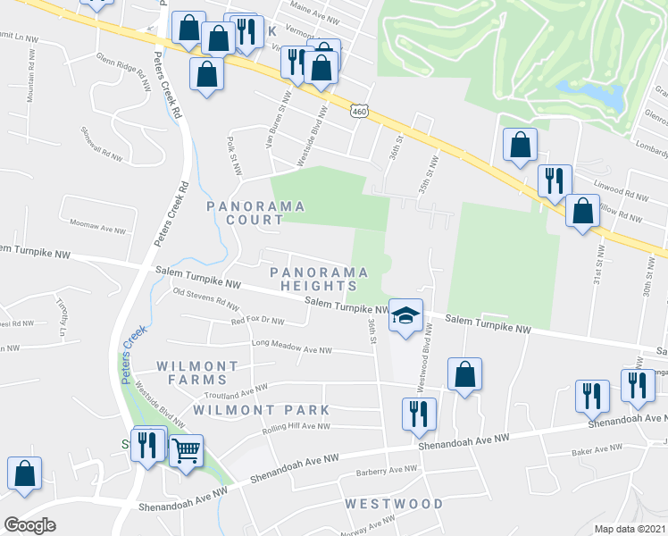 map of restaurants, bars, coffee shops, grocery stores, and more near 3716 Panorama Avenue Northwest in Roanoke