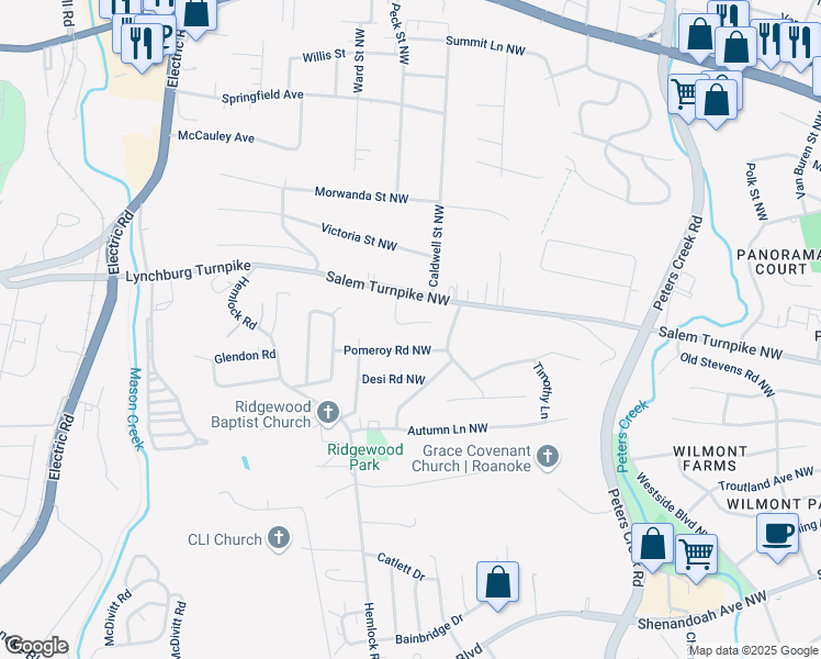 map of restaurants, bars, coffee shops, grocery stores, and more near 4924 Rowe Ridge Road Northwest in Roanoke