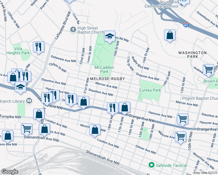 map of restaurants, bars, coffee shops, grocery stores, and more near 1880 Mercer Avenue Northwest in Roanoke