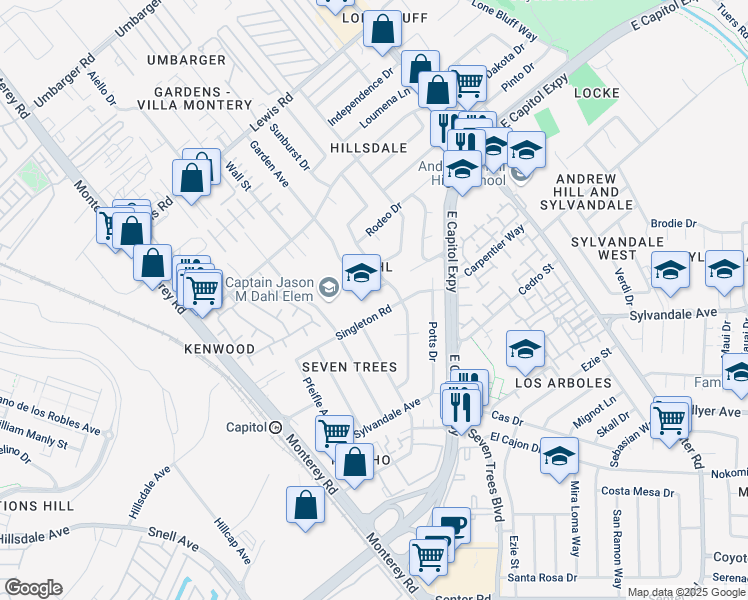 map of restaurants, bars, coffee shops, grocery stores, and more near 3233 Garden Avenue in San Jose