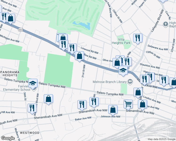 map of restaurants, bars, coffee shops, grocery stores, and more near 3038 Melrose Avenue Northwest in Roanoke