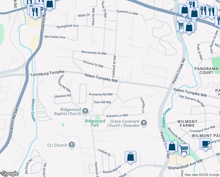 map of restaurants, bars, coffee shops, grocery stores, and more near 4916 Rowe Ridge Road Northwest in Roanoke