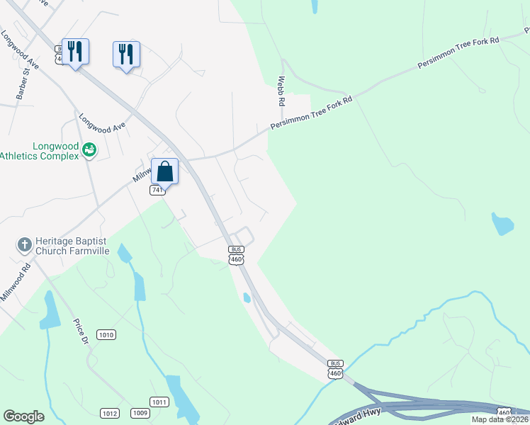 map of restaurants, bars, coffee shops, grocery stores, and more near 1914 Woodland Trail in Farmville
