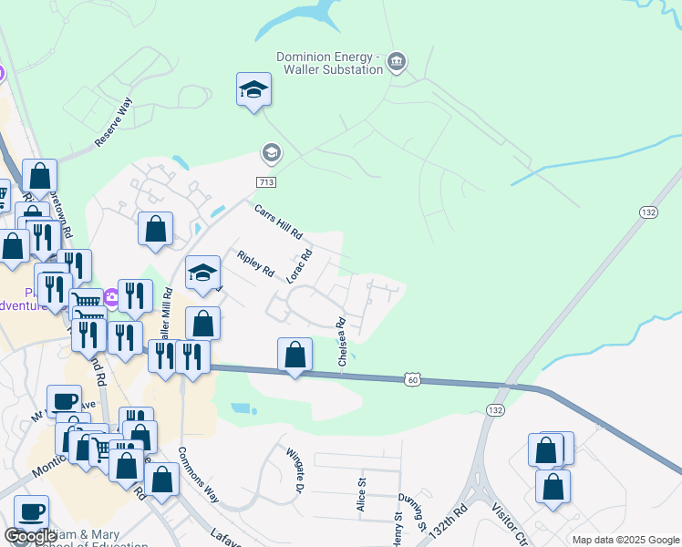 map of restaurants, bars, coffee shops, grocery stores, and more near 119 De La Warr Arch in Williamsburg