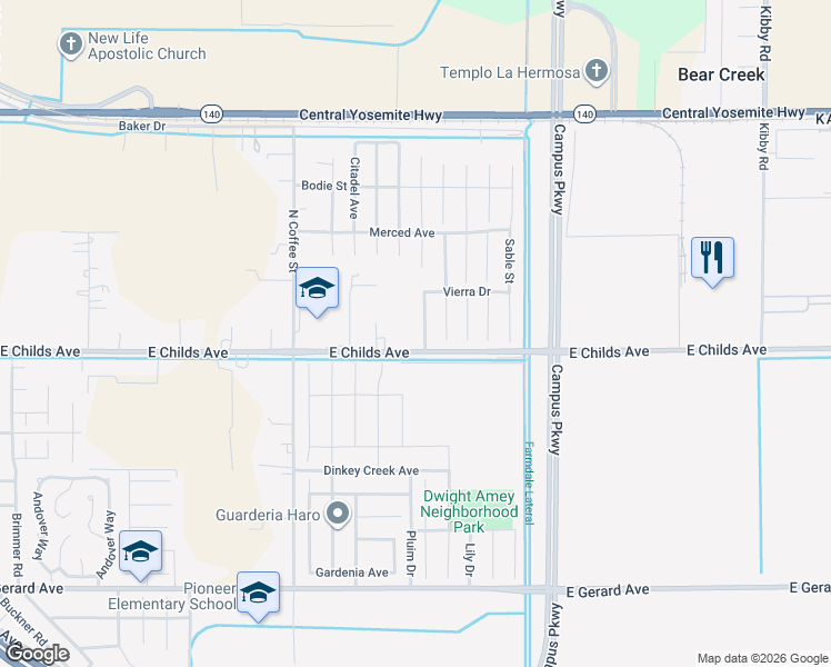map of restaurants, bars, coffee shops, grocery stores, and more near 37 Medieval Street in Merced