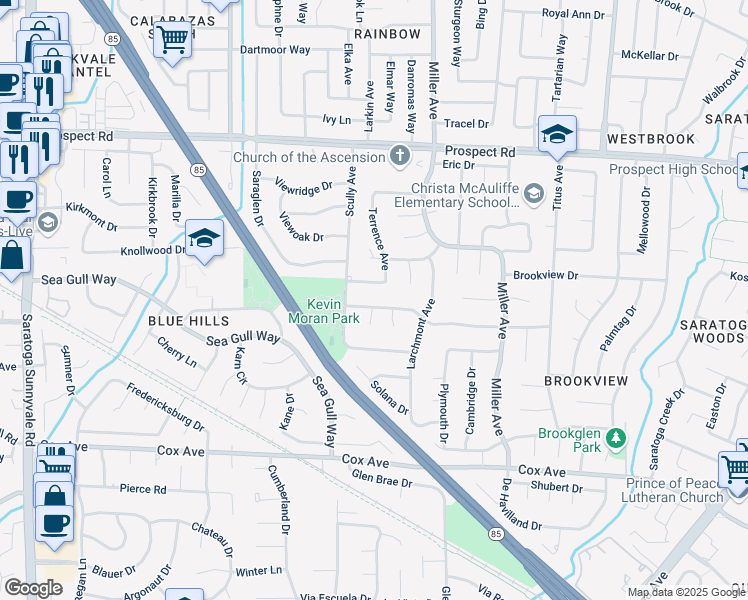 map of restaurants, bars, coffee shops, grocery stores, and more near 19723 Northampton Drive in Saratoga