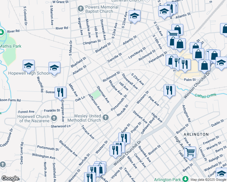 map of restaurants, bars, coffee shops, grocery stores, and more near 2602 Petersburg Street in Hopewell