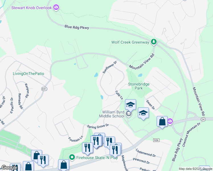 map of restaurants, bars, coffee shops, grocery stores, and more near 469 Edgemont Cir in Vinton