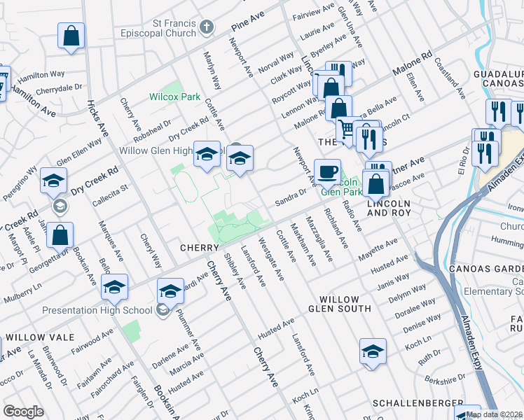 map of restaurants, bars, coffee shops, grocery stores, and more near 2201 Cottle Avenue in San Jose