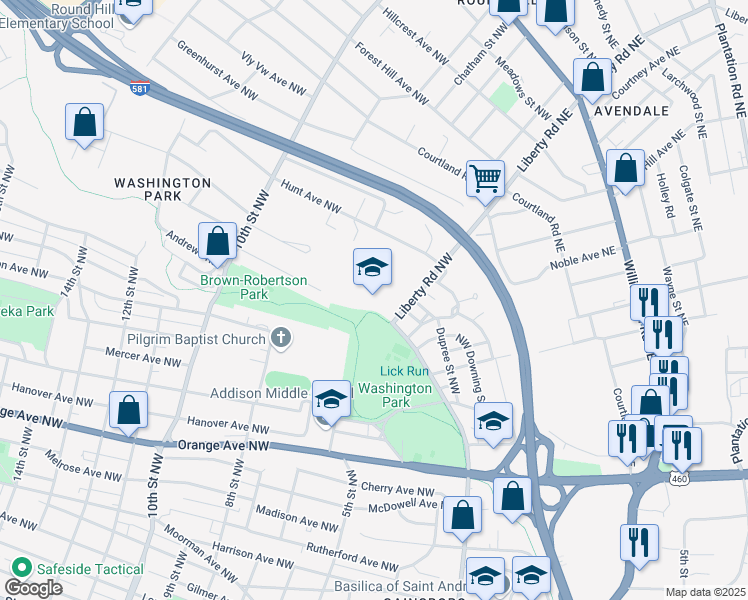 map of restaurants, bars, coffee shops, grocery stores, and more near 1802 Liberty Road Northwest in Roanoke