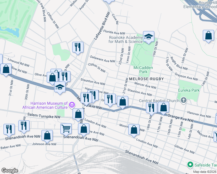 map of restaurants, bars, coffee shops, grocery stores, and more near 2218 Staunton Avenue Northwest in Roanoke