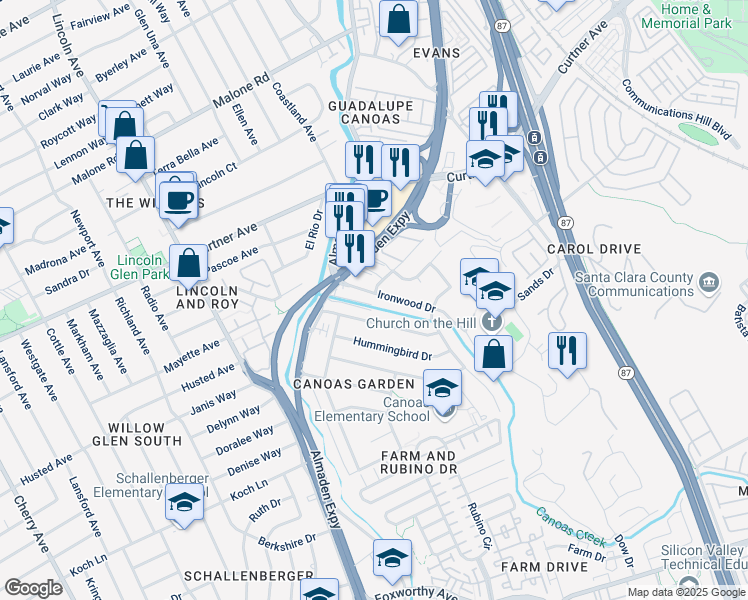 map of restaurants, bars, coffee shops, grocery stores, and more near 902 Ironwood Drive in San Jose
