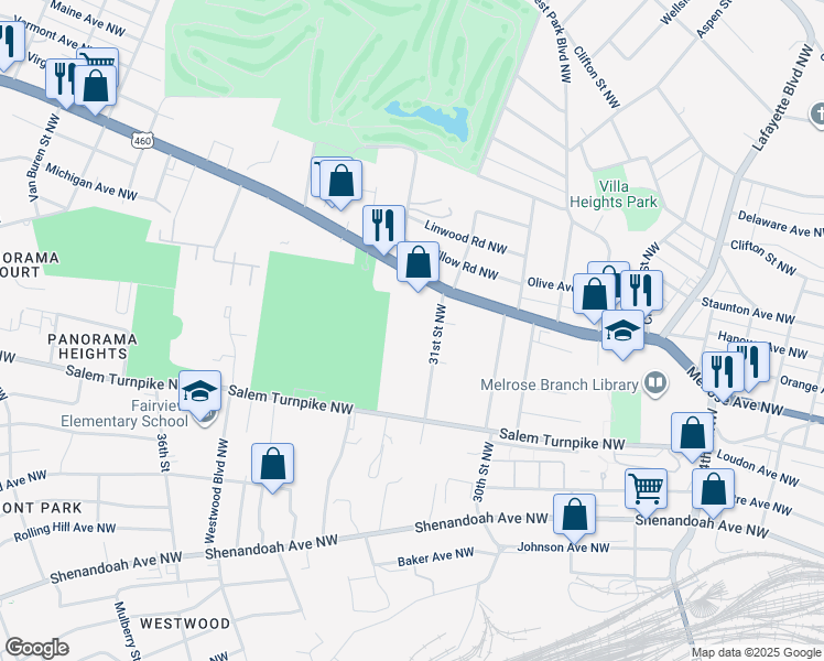 map of restaurants, bars, coffee shops, grocery stores, and more near 824 31st Street Northwest in Roanoke