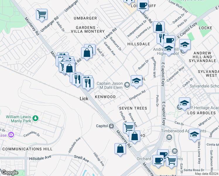 map of restaurants, bars, coffee shops, grocery stores, and more near 94 Kenbrook Circle in San Jose