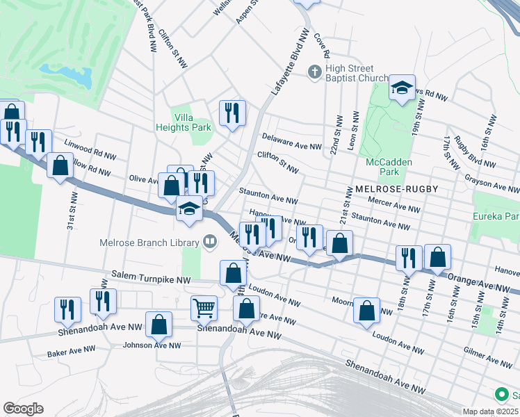 map of restaurants, bars, coffee shops, grocery stores, and more near 2411 Hanover Avenue Northwest in Roanoke