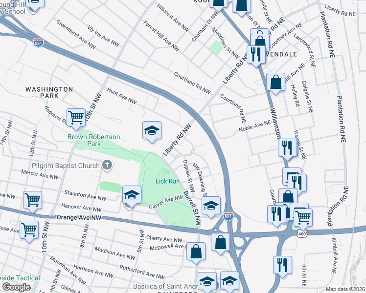map of restaurants, bars, coffee shops, grocery stores, and more near 1901 Crawley Street Northwest in Roanoke