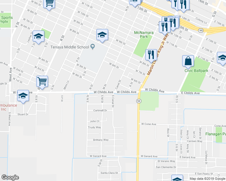 map of restaurants, bars, coffee shops, grocery stores, and more near 414 Canal Street in Merced