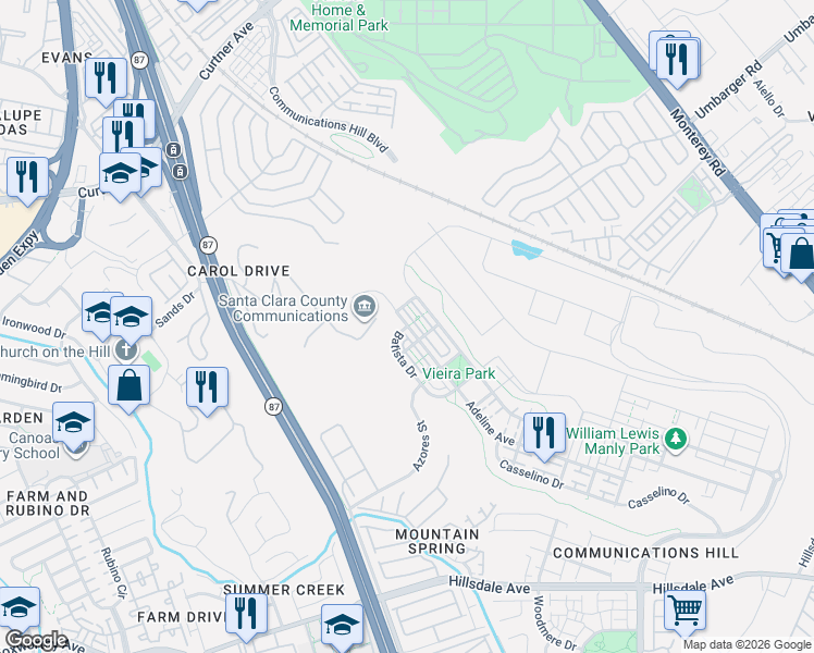 map of restaurants, bars, coffee shops, grocery stores, and more near 2063 Mary Helen Lane in San Jose