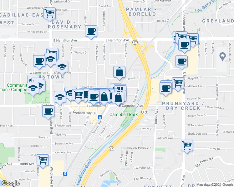 map of restaurants, bars, coffee shops, grocery stores, and more near 147 Orchard Oak Circle in Campbell