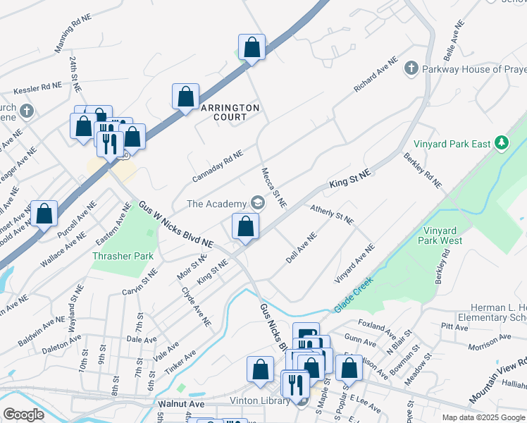 map of restaurants, bars, coffee shops, grocery stores, and more near 2619 Belle Avenue Northeast in Roanoke
