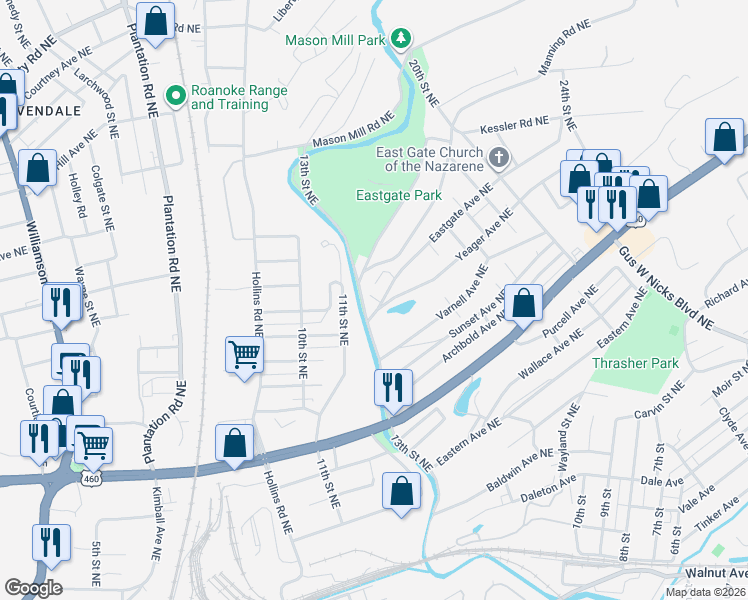 map of restaurants, bars, coffee shops, grocery stores, and more near 1324 Eastgate Avenue Northeast in Roanoke