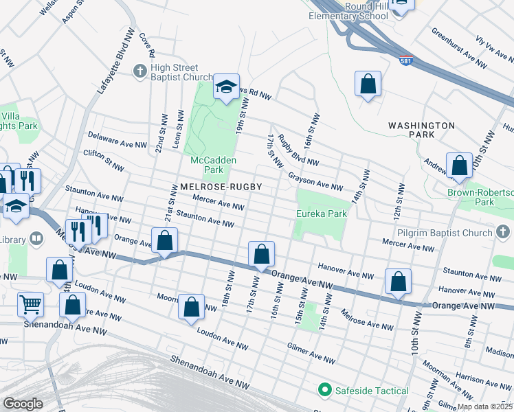map of restaurants, bars, coffee shops, grocery stores, and more near 1731 Mercer Avenue Northwest in Roanoke