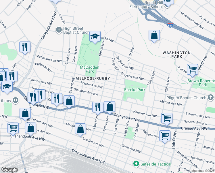map of restaurants, bars, coffee shops, grocery stores, and more near 1731 Mercer Avenue Northwest in Roanoke