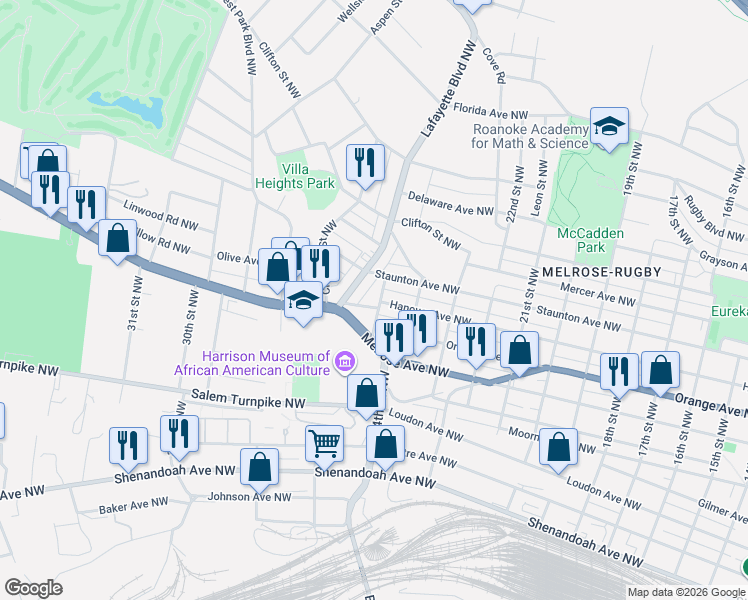 map of restaurants, bars, coffee shops, grocery stores, and more near 2511 Hanover Avenue Northwest in Roanoke