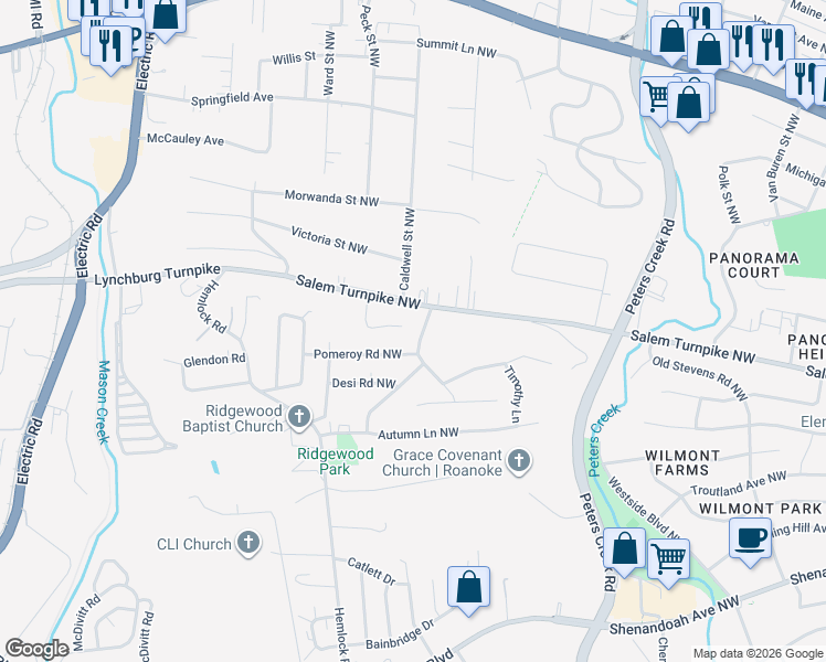 map of restaurants, bars, coffee shops, grocery stores, and more near 425 Eugene Drive Northwest in Roanoke