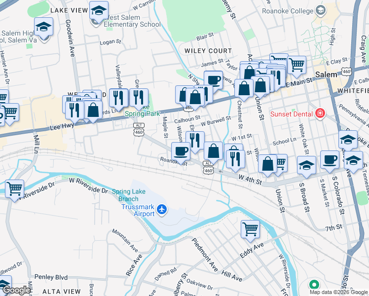 map of restaurants, bars, coffee shops, grocery stores, and more near in Roanoke