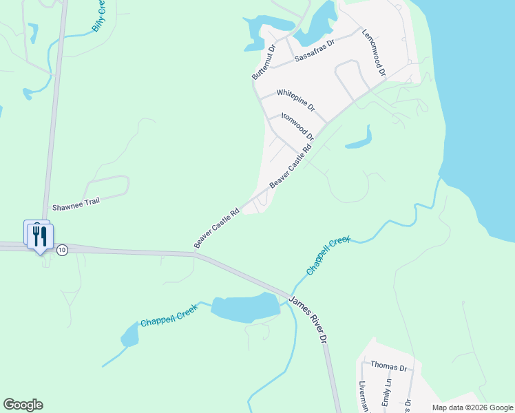 map of restaurants, bars, coffee shops, grocery stores, and more near 10824 Beaver Castle Road in Hopewell