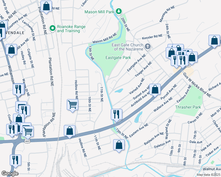 map of restaurants, bars, coffee shops, grocery stores, and more near 1324 Eastgate Avenue Northeast in Roanoke