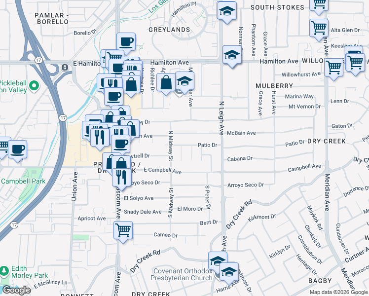 map of restaurants, bars, coffee shops, grocery stores, and more near 96 Herbert Lane in Campbell