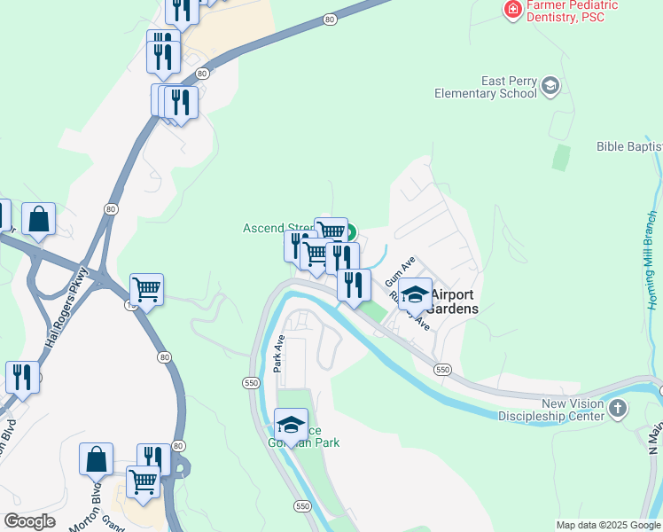map of restaurants, bars, coffee shops, grocery stores, and more near Grand Vue Plaza in Hazard