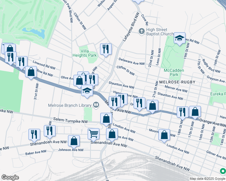 map of restaurants, bars, coffee shops, grocery stores, and more near 2427 Hanover Avenue Northwest in Roanoke