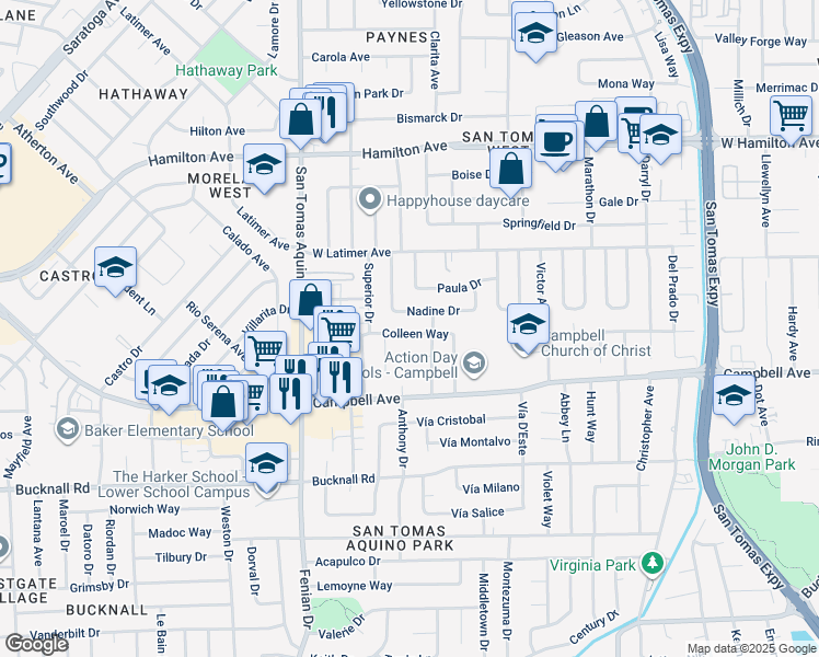 map of restaurants, bars, coffee shops, grocery stores, and more near 1273 Colleen Way in Campbell