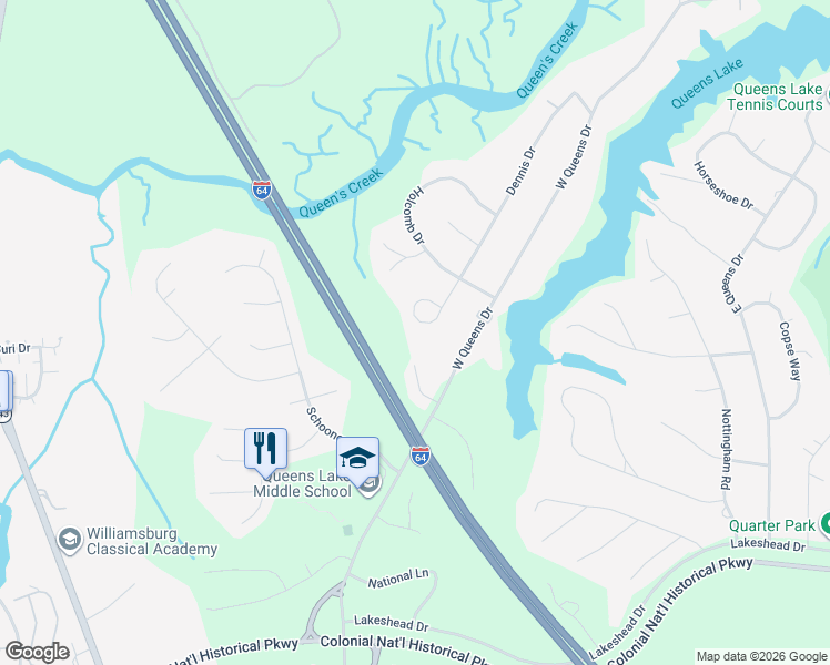 map of restaurants, bars, coffee shops, grocery stores, and more near 143 Dennis Drive in Williamsburg