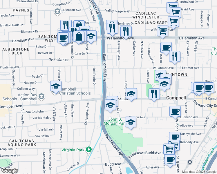 map of restaurants, bars, coffee shops, grocery stores, and more near 565 West Latimer Avenue in Campbell