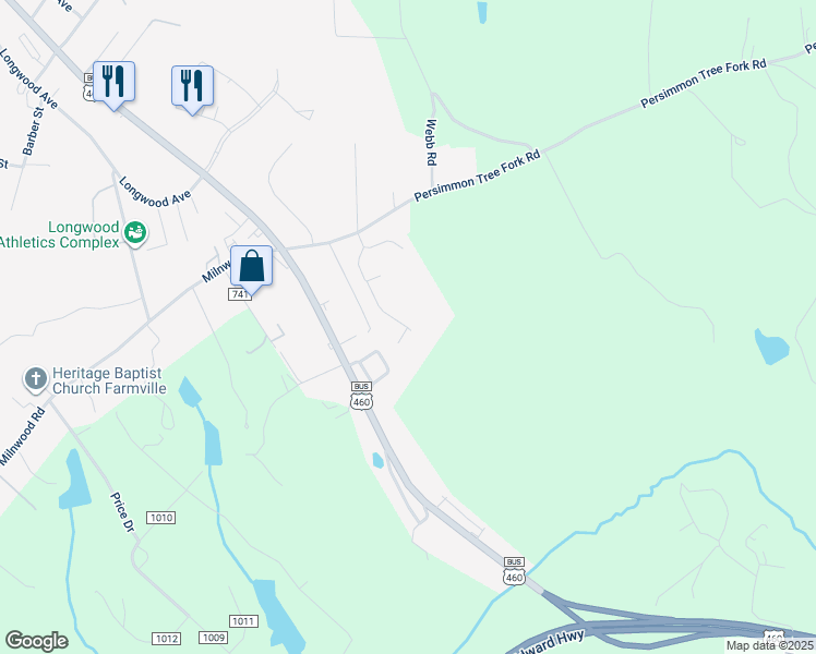 map of restaurants, bars, coffee shops, grocery stores, and more near Pine Ridge Lane in Farmville